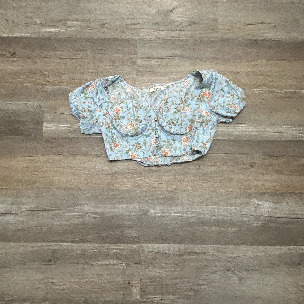 Blue and White Puff Sleeve Crop Top